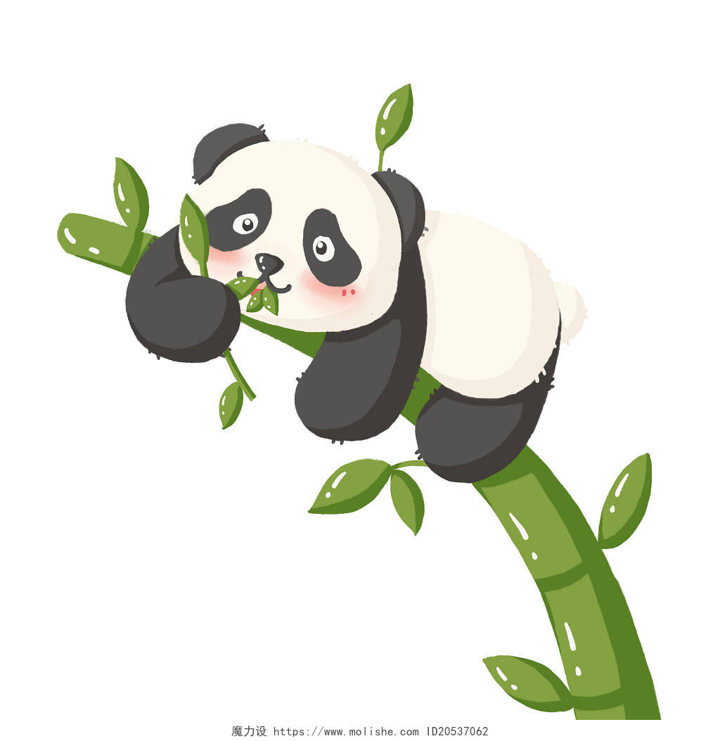 小清新扁平简约风卡通熊猫元素PNG素材可爱熊猫树上吃小竹子